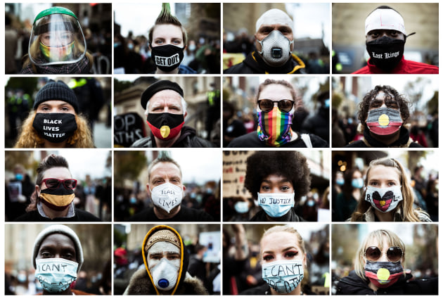 Australians Rally In Solidarity With Black Lives Matter Movement. 
Protesters wear masks during a rally in solidarity with the Black Lives Matter Movement on June 06, 2020 in Melbourne, Australia. Events across Australia have been organised in solidarity with protests in the United States following the killing of an unarmed black man George Floyd at the hands of a police officer in Minneapolis, Minnesota and to rally against aboriginal deaths in custody in Australia.