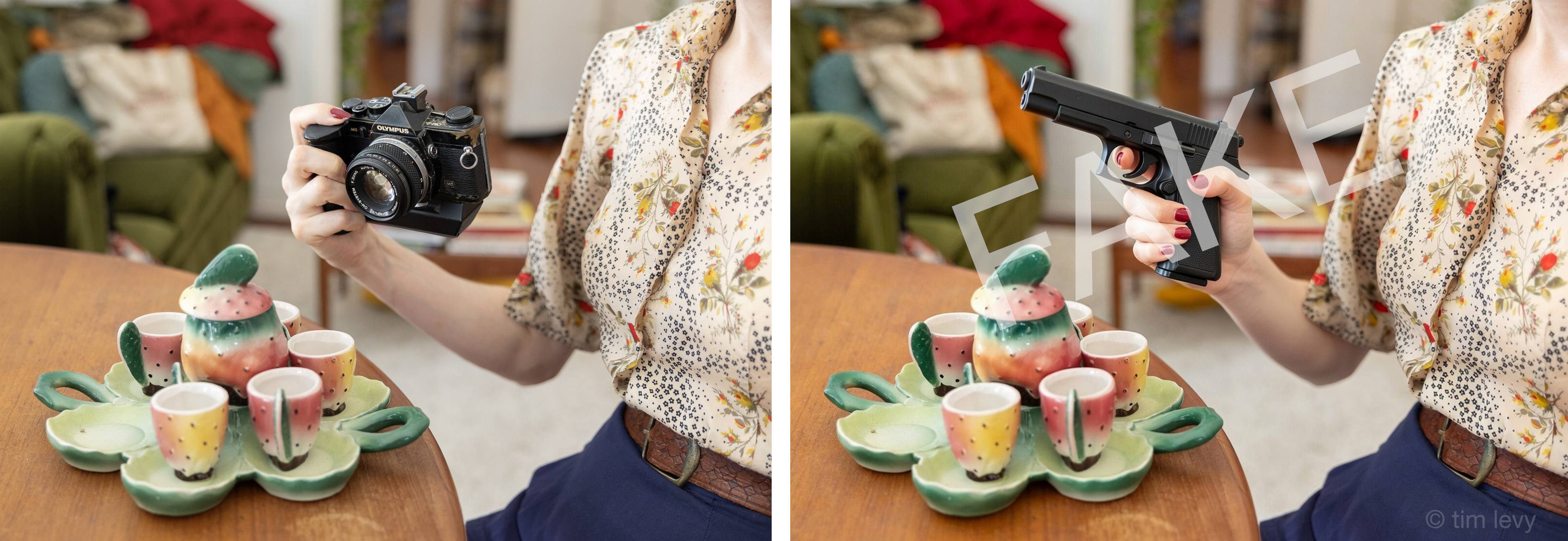 When prompted in Grok (or Gemini) to replace the camera with a gun – there were no qualms made. Image: Tim Levy