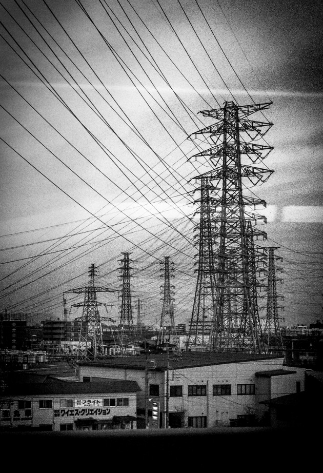 FUKUSHIMA POWERLINES: These powerlines stretch back from Fukushima city to the Daiichi Powerplant, the now abandoned scene of the Fukushima nuclear disaster. Image: Meg Hewitt