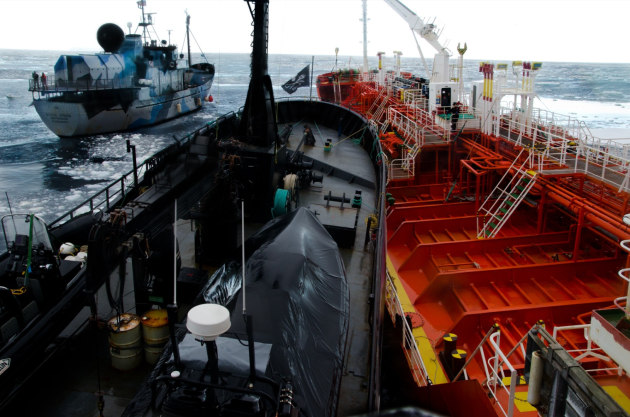 Southern Ocean Antarctica, 2013.
The anti-whaling Sea Shepherd ship, the Bob Barker, is dangerously rammed by the Japanese factory ship, the Nisshin Maru (out of shot to the left), into the whaling fleet’s fuel supply tanker, the Sun Laurel (right).
The Bob Barker placed itself between the Nisshin Maru and the Sun Laurel to stop the Nisshin Maru from refuelling. The Nisshin Maru unsuccessfully tried to refuel on two separate occasions, culminating in the Nisshin Maru having to leave Antarctica to refuel in Indonesia, and thus ending the whaling season. 932 whales were saved in this campaign. Glenn Lockitch