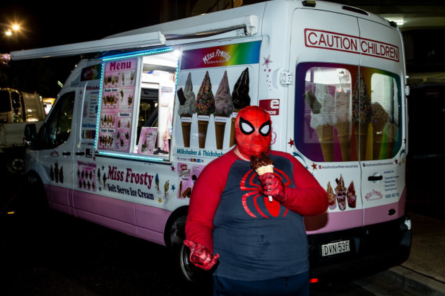 Twilight Fair, Campbelltown, Sydney, 2024.
Spiderman eating an icecream.
Shot during the Twilight Fair whilst doing a job for Campbelltown City Council. Image: Glenn Lockitch.