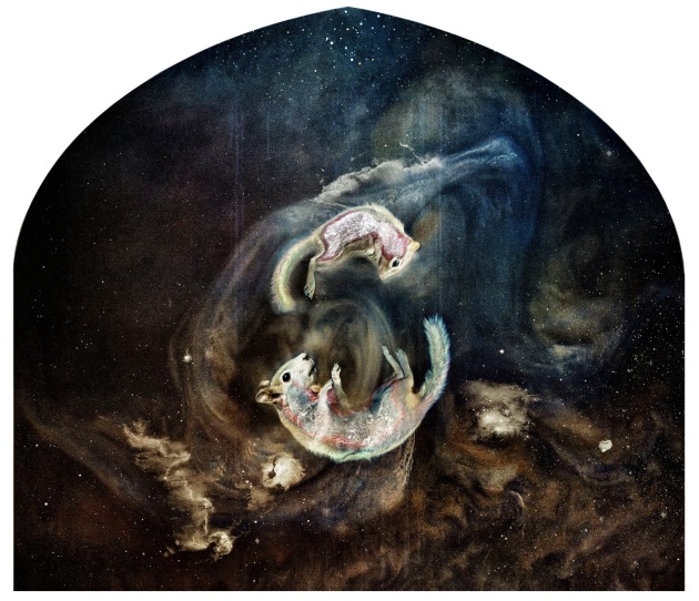 There&rsquo;s a door inside a nebula&mdash;where the dead go through. Marvin and Dorothy, still spinning, find one another on the other side of stars.
Lumachrome glass print, cliche-verse, chemigram. Cat-killed New York chipmunk and grey squirrel on fibre paper. Re-exposed with sane, ochre, wax, house paint, Vegemite and sand. First exposure 13 hours under perspex in New York. Second exposure, 36 hours in a Braidwood greenhouseImage &copy; Judith Nangala Crispin