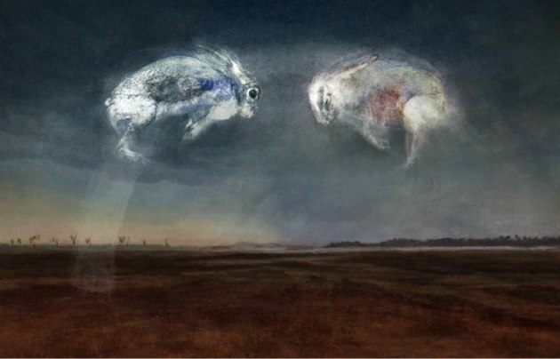 Ascending Being 2—Marvin meets his friend Judith for the last time, over a desert that doesn’t exist, wearing the form of a rabbit. Lumachrome glass print, cliche-verre, chemigram. Two dog-killed baby rabbits, photochemistry, household chemicals (turmeric, vegemite, salt and coffee) on fibre paper. Exposed 32 hours in a geodesic dome. Image: Judith Nangala Crispin